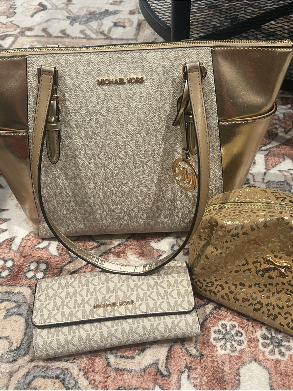 Michael Kors Gold and Cream Signature Tote with Matching Wallet